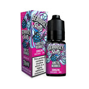 A 10ml bottle of Seriously Salty Arctic Berries Nic Salt E-Liquid with a childproof cap and a label featuring abstract berry designs and nicotine warning symbols.